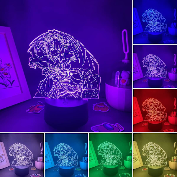 WJ Anime Date A Live Figur Tokisaki Kurumi 3D Hologramlampa USB Nattlampa LED Illusionslampa Fjärrkontroll+Touch Skrivbordslampa Julgåva (Svart Bas) Dating Battle-B