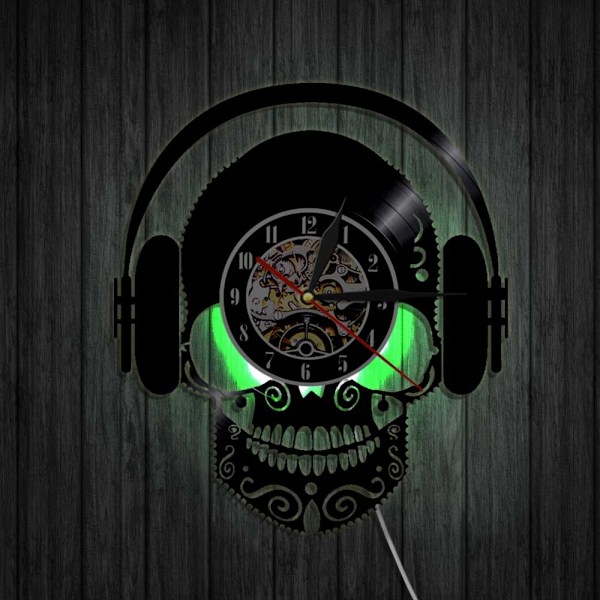 Musiikki-vinyylisoittimella varustettu seinäkello - Kallo kuulokkeilla LED-valolla varustettu seinäkello - Vinyylikello - Olohuoneen seinäkoriste - Ainutlaatuiset lahjat musiikin ystäville