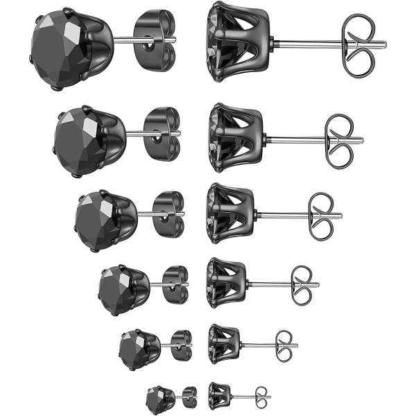 6 par örhängen set, klara kubiska zirkonia 316L rostfritt stål örhängen för kvinnor för män 3-8mm（C svart guld）