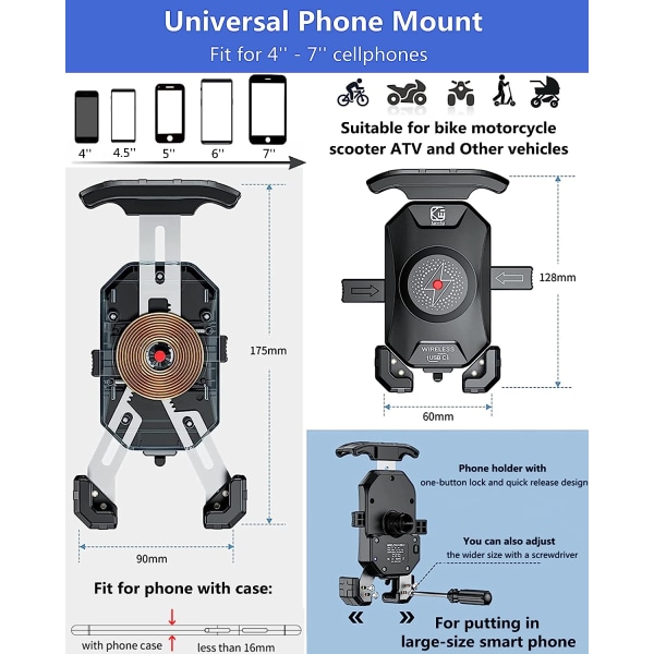 Motorcykeltelefonfäste med laddare trådlös & USB C, IP66 vattentät Motorcykeltelefonhållare för 4'' - 7'' mobiltelefon, enhandsmanövrering