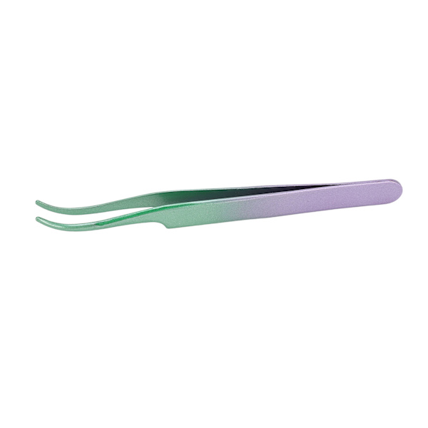 Lash Tweezers i rostfritt stål, tät bit, böjd, för fransförlängning, grön lila gradient