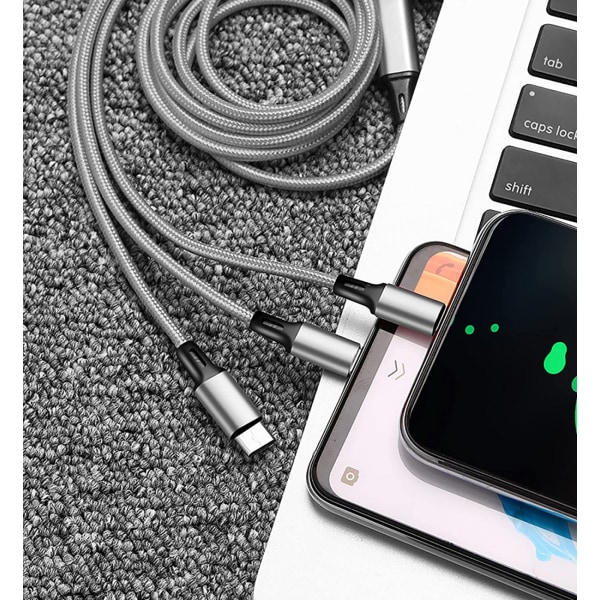 Universal 3-i-1 nylon USB laddningskabel, 4 fot/1,2 M, 3A (IP+Typ-C+Micro-USB) - Space Grey