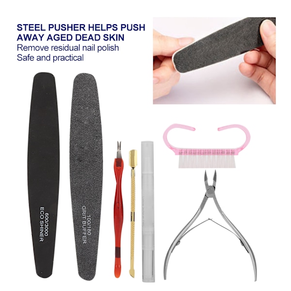Nageltrimningsverktyg Set Död Hud Sax Gaffel Stål Pusher Nagel Fil Dammborste Kit 7st