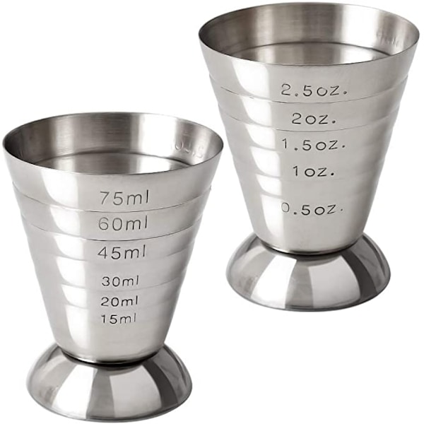 Mätkopp i rostfritt stål, 2,5 oz, 75 ml, 5 msk, cocktailmått, 2-pack (silver)