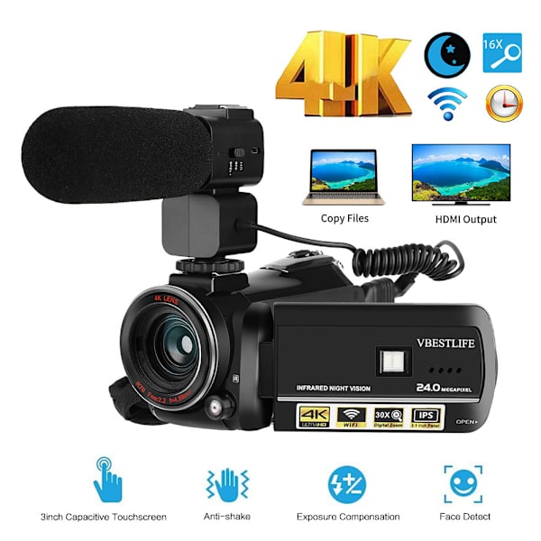 3,1-tums HD-pekskärm trådlös WIFI DV 4K digital videokamera med mikrofon