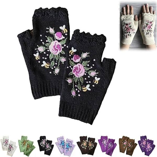 Håndbroderede Handsker, 2023 Nye Kvinders Strikede Handsker Blomster Handsker, Vinter Håndlavet Broderi Strikket Fingerløse Handsker, 01