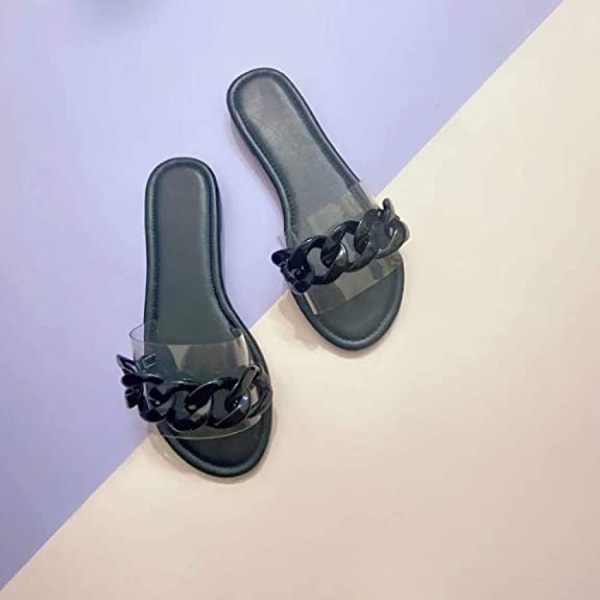 Kvinnersandaler Strand Åpen Tå Flate Tøfler Transparent  Mote Fargerik Kjede Klar Slide Flip Flops Slip on Utendørs Strand ----- Svart （Størrelse 40）