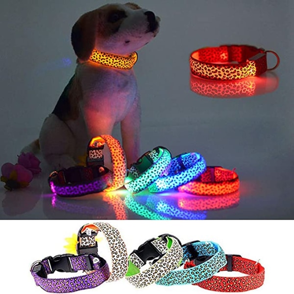 2 LED-lysande hundhalsband med leopardblixt valphalsband nattsäkerhetsbelysning justerbart halsband (L, röd)