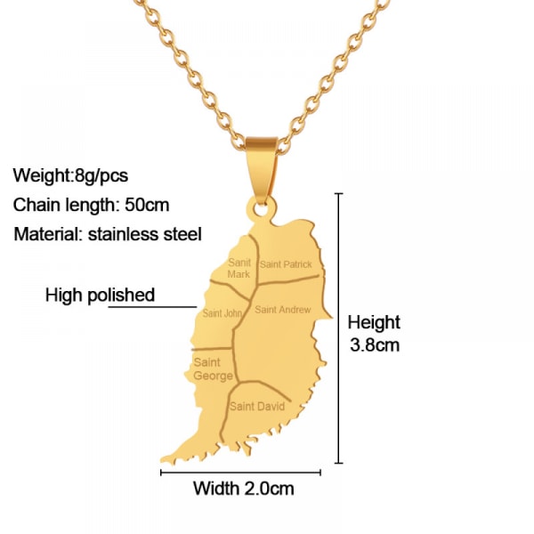 Ruostumattomasta teräksestä valmistettu kaulakoru, kiiltävä kullanvärinen Grenadan kartta riipus, muodikkaat asusteet miehille ja naisille, paras lahja perheelle tai ystäville