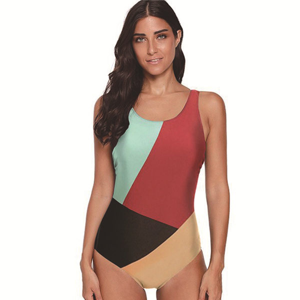 Damen Einteiler Badeanzüge Color Block Print Criss Cross Rücken Badeanzüge Sportliche Bademode, Blau, L