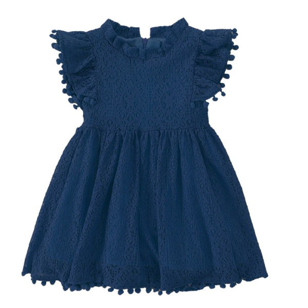 Tjejklänning Spetsklänning Ihålig spetsboll Flygärmar Barnprinsess ihålig kjol ----- Mörkblå （Storlek 130）