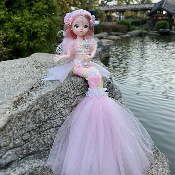 45cm/17,72 tum Havsfru Docka Flicka Leksak Blåögd Barn Prinsessa Docka Bröllopsklänning Docka Familj Födelsedagspresent Fiskstjärt Kan Vikas Ut , Jul Light Pink
