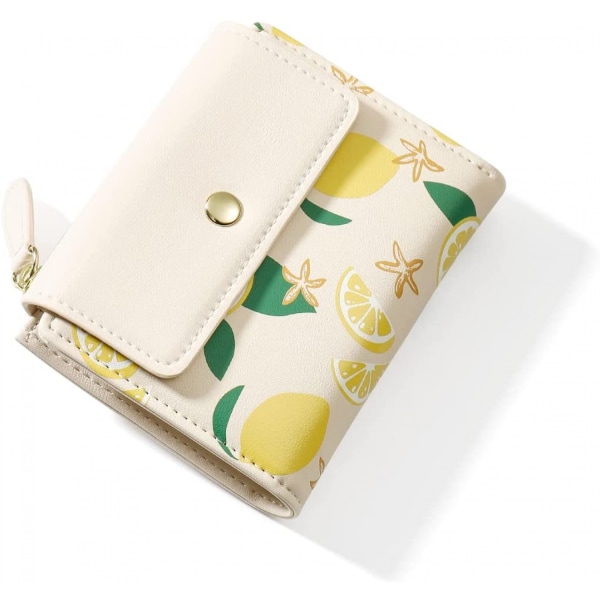 Cute Lemon Zipper Pocket Trifold Small Wallets Card Holder ID Window Purse Coin Pouch for Women Ladies (OFF WHITE, Lemon Print)