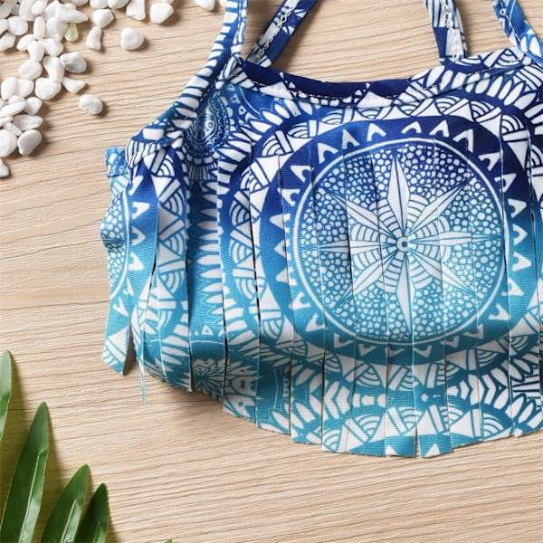 AVEKI Flickor Tassel Strand Sport 3-delad UPF 50+ Bandad Tankini Baddräkt, 12-18 månader, Blå
