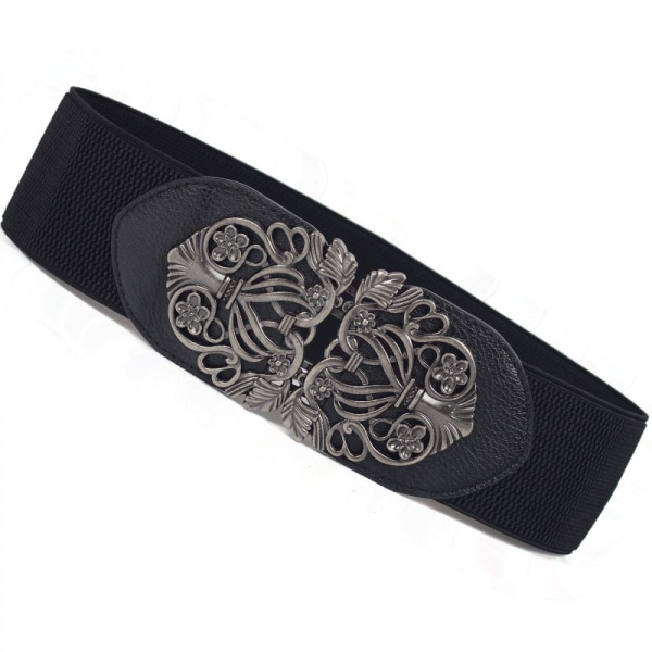 Women'S Buckle Woven Elastic Tightening Belt Women'S Retro Carved Wide Belt Versatile Decorative Belt - Black