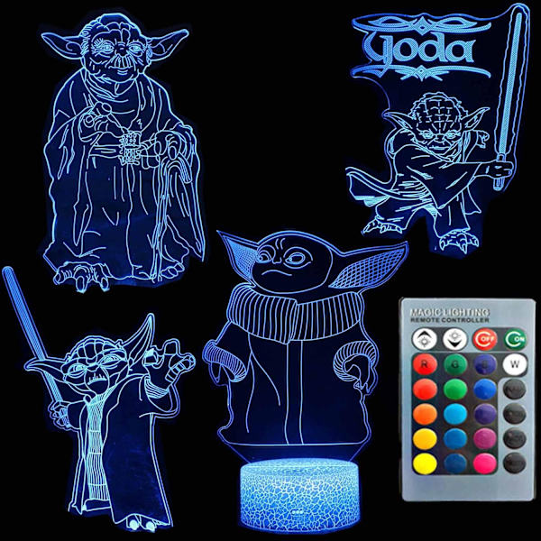 WJ 3D Illusion Nattlampa Fyra Mönster 16 Färgförändring Dekorlampa Skrivbordslampa Bordslampa Lampa för Barn Superhjälte 4 Yoda-gruppen