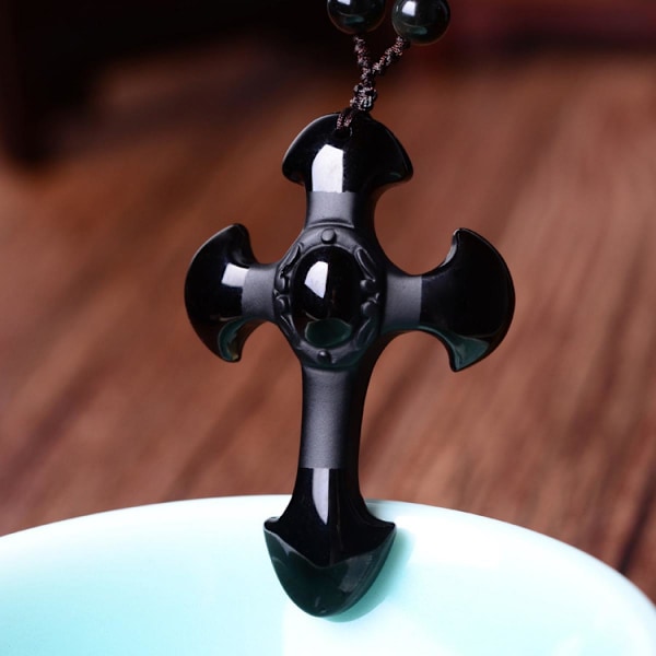 Obsidian-ristikaulakoru amulet-riipus helmiketjulla naisille tai miehille