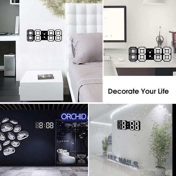 3D LED Digital Bordsur, Väggklocka, Ljusstyrka Justerbar Fjärrkontroll Tysta Klockor för Hotell Kontor Hem Vardagsrum