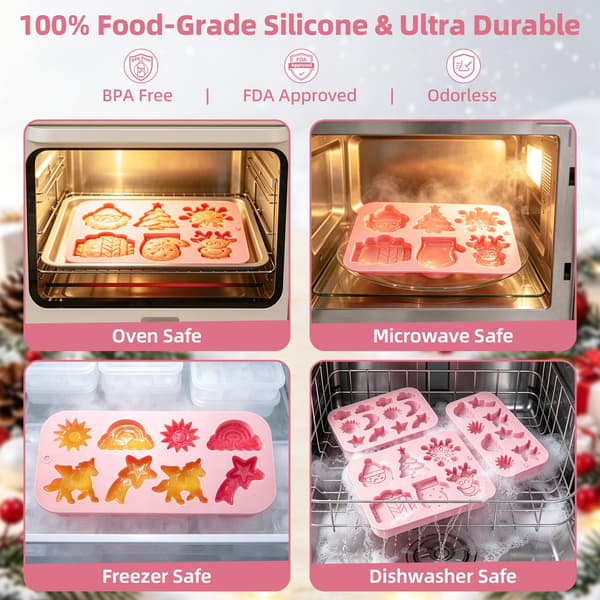 Jul-silikonformar 2-pack, 6-i-1 julformar med snöflinga, gran, tomte, ren, vante & presentask, non-stick bakning