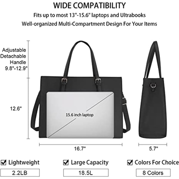 Dam Laptopväska Vattentät Lätt Läder 15,6 Tum Laptop Handväska Business Kontor Portfölj Arbetsväska Svart