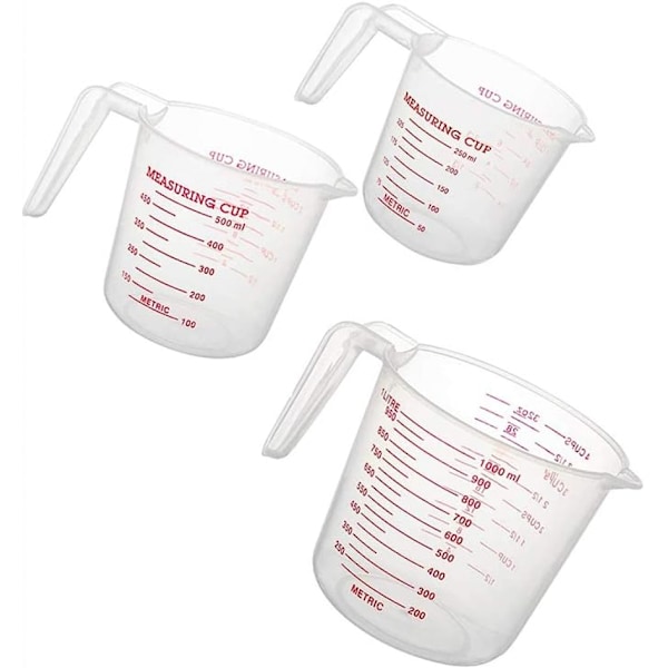 Plastmätkoppssats, 3 st BPA-fri plast, klar, värmebeständig med vinklat grepp och pip, stapelbar vätskemätkopp för köksanvändning