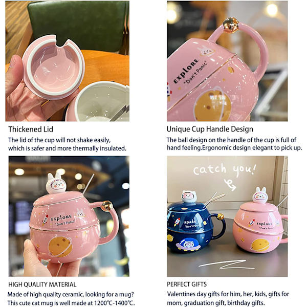 Söötjänis-mukikupillinen kansi ja lusikka, Kawaii Pääsiäislahjat Keramiikka Mukit Kupit Kahville/Teelle/Kuumaa Suklaata/Maidolle 500ml/17oz