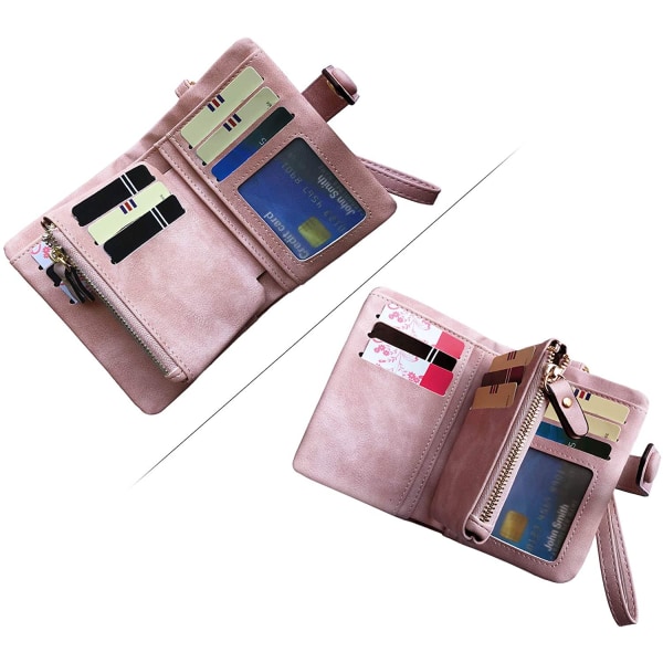 Små dubbelsidiga läderplånböcker för damer Rfid Damarmband med kortfack id-fönster Blixtlås Myntväska---Rosa