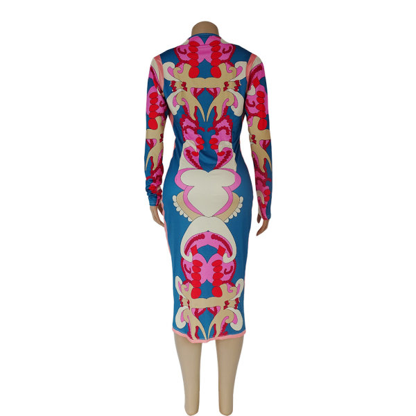 Temperamentklänning för damer, tryck djup V-ringad smal klänning (blå XXL)