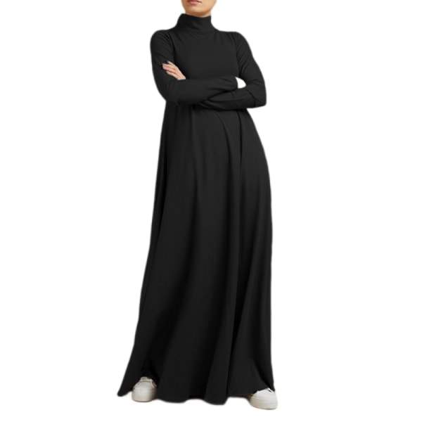 Casual Mode Kvinnor Hög Långärmad Klänning Lång kjol (svart L)