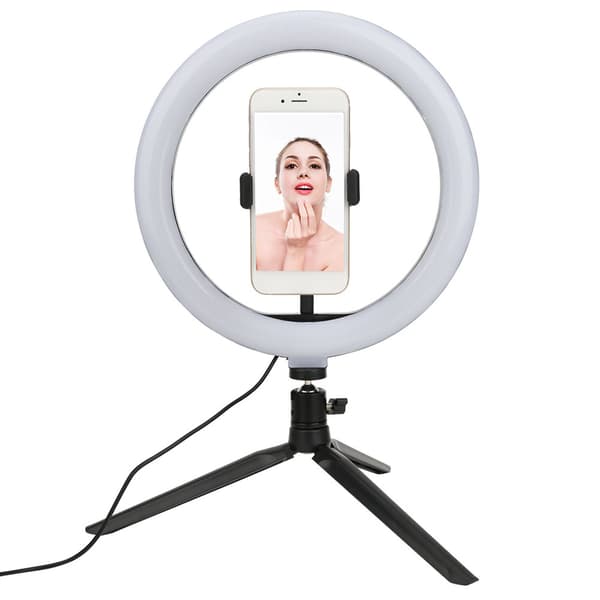 Plastik 10 tommer USB-ringfyldlys-sæt med slange, mobiltelefonclips, bordstativ til live-udsendelse og makeup