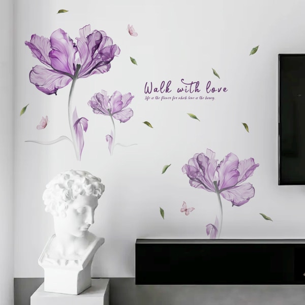 Väggdekal med Lotus Lila Blomma, Väggdekal med Violett Blomma, Väggdekal med Akvarell Fjäril för flickor i sovrummet, Avtagbar Vinylkonstmålning