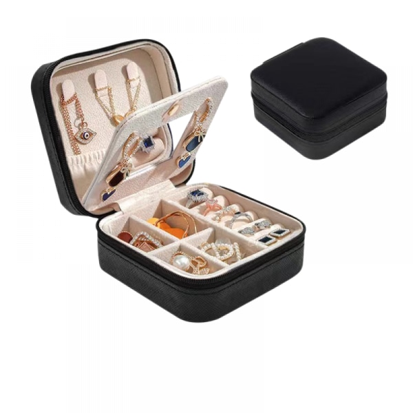 Liten organizer för resor, portabel mini smycken case med dragkedja Spegel för ringar Halsband Armband Örhängen-svart
