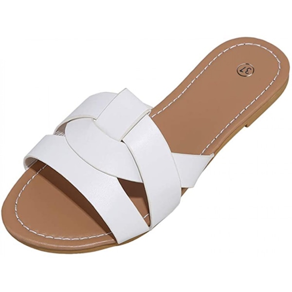 Kvinners sommer flate slides sandaler casual stropp kryss slip på sliders strand flate sandaler -------  Hvit  （Størrelse 35）