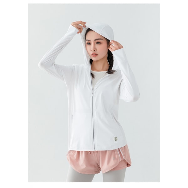UPF 50+ UV-beskyttelse til kvinder, lynlås-hættetrøje, langærmet fiske-, løbe- og vandreturejakke, udendørs performance-shirt, hvid, XL