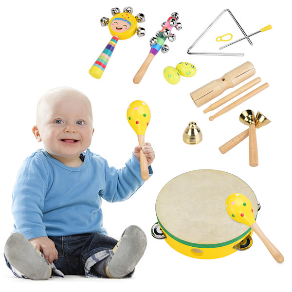 14 stk. musikalske instrumenter i træ til småbørn - Percussioninstrumenter til førskolebørn