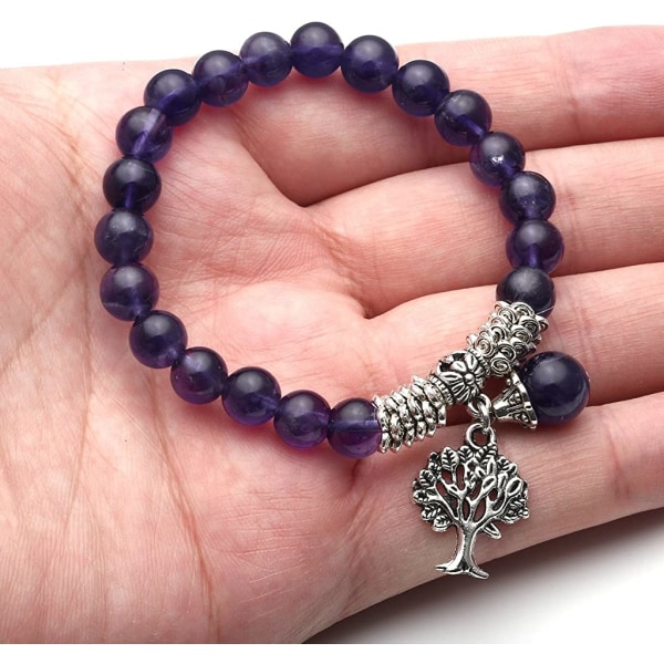 Naturligt ametistarmband 8mm pärlor Aura Energy Lavender Life Tree Charm Crystal Armband Lady