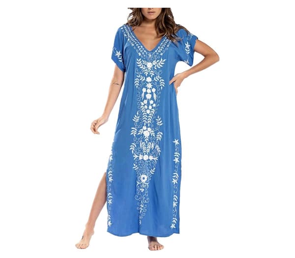 Kvinder Broderi Kortærmet Bikini Badedragt Cover Up Side Split Strand Kaftan Kjole