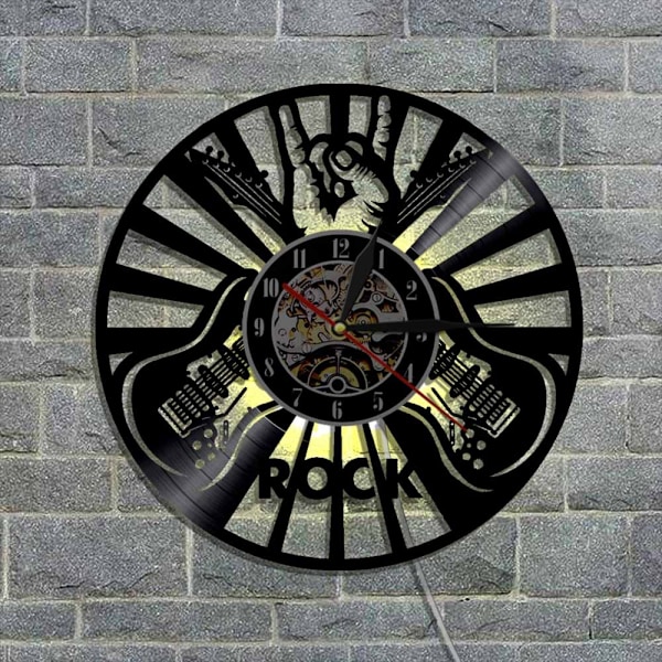 Musikvynil väggklocka - Rockgitarr LED-ljus väggklocka - Vinylklocka - Vardagsrumsväggdekor - Unika presenter till musikälskare