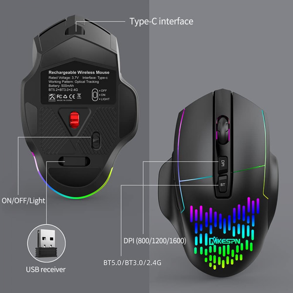 SHUJI Trådløs Mus Gjenladbar Tre-modus Mus (BT5.0&BT3.0&2.4G) Pustende Lys 3 Justerbare DPI-nivåer Plug and Play, Svart, Trådløs Mus