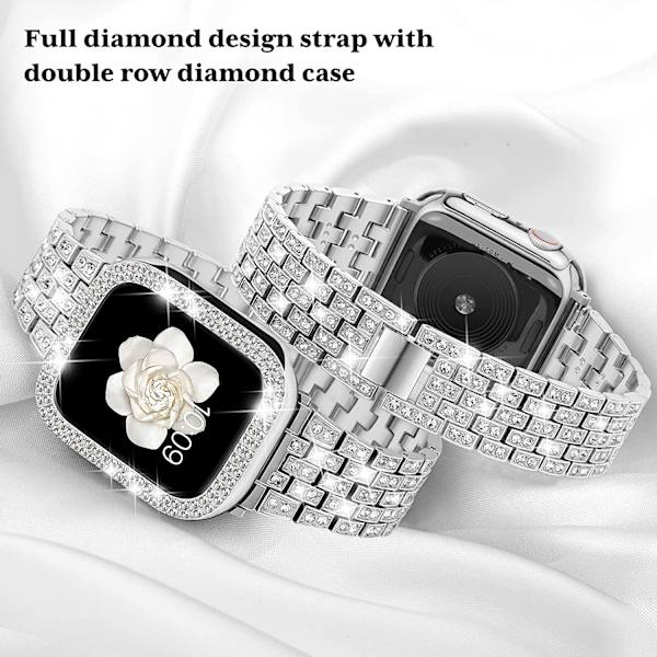 Kompatibelt Apple Watch Band med case Series iwatch6/5/4/3/2/1, Bling Full Diamond Rhinestone Women Girl, Silver(44mm)
