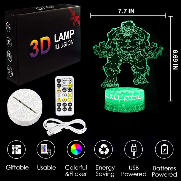 Hulk pojkleksaker presenter, WJ 3D Illusion Lamp presenter för rumsdekor barnrum, coola Marvel-leksaker födelsedagspresenter & 7 färger byter leksaker för pojkar eller barn (A) Hulken