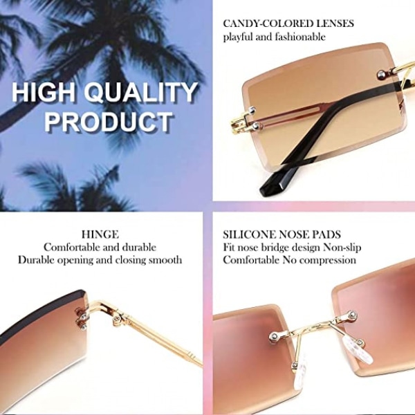 Vintage Rimless Solbriller Rektangulær Rammeløs Candy Farve Briller Kvinder Mænd