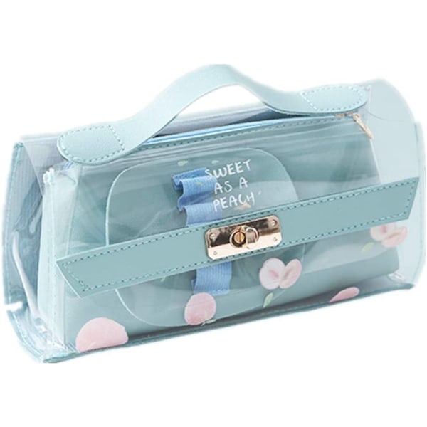 Bärbar pennväska med stor kapacitet Bärbar pennväska Söt kosmetisk väska Transparent case för Middle High School College Student (blå)