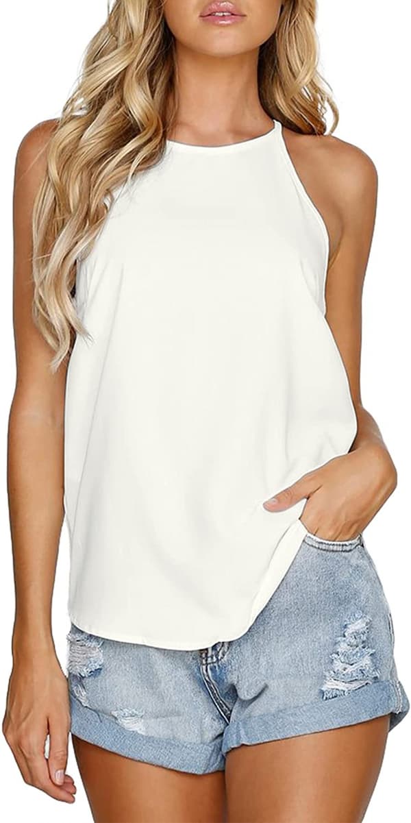 Damtoppar Ärmlös Halter Sommar Basic T-shirts Cami Tanktoppar --- Vit (Storlek M)