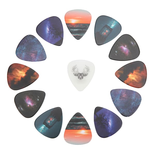 13 stk gitarplekter i medium celluloid med boks, instrumenttilbehør, Starrysky