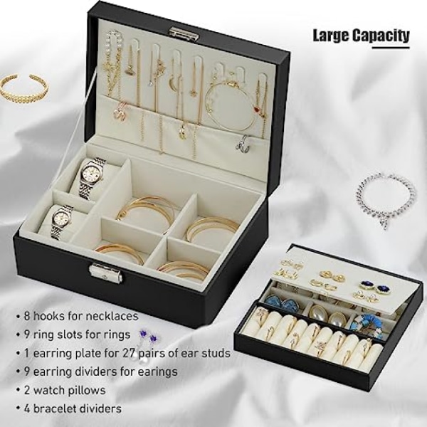 Smyckeskrin, organizer för kvinnor och flickor, dubbellager PU-läder organizer för örhängen, ringar, halsband, klockor (svart)