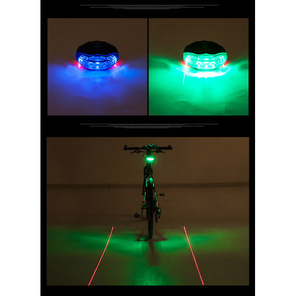 2 Laser + 5 LED 7 Moduser Superbelysning Sykkel Sykkel Baklys Advarsel LED Sikkerhetslys Vanntett Baklys