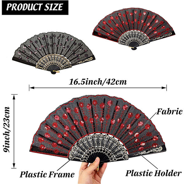 2 st Sequin tyg fällbara fläktar broderade blomma spets trim påfågel fläkt tyg plast fällbar handhållen fläkt för kvinnor handgjorda (röd, svart)