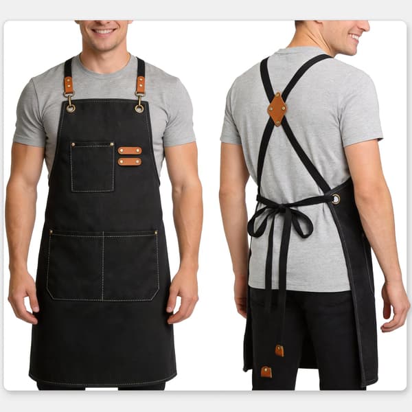 Kraftig bomullslerret kryssryggforkle med 3 lommer, justerbart unisex arbeidsforkle for voksne black
