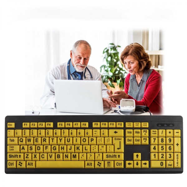 Az Gören Kullanıcılar için Kablolu USB Büyük Yazı Tipi Bilgisayar Klavyesi Yüksek Kontrastlı Yaşlılar ve Öğrenciler için 104 Anahtar Harf Beyaz